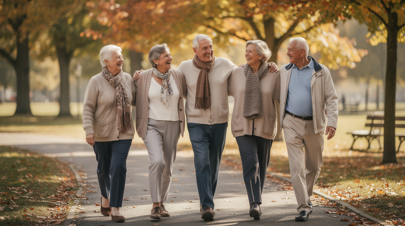 Group of smiling Slovak senior friends walking together outdoors