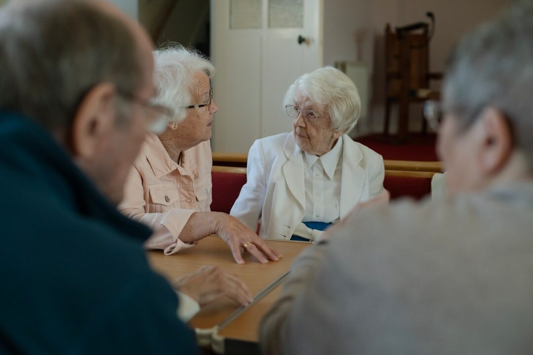 elderly friends chatting